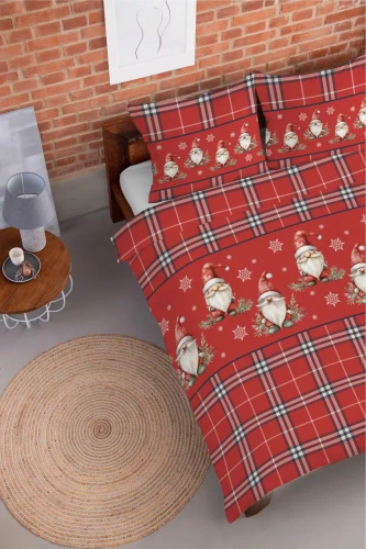 5622 A Magia Świąt Pościel flanelowa świąteczna Detexpol czerwona w kratę ze skrzatami i śnieżynkami – bawełna 100%, 160 g/m², zamek, OEKO-TEX®