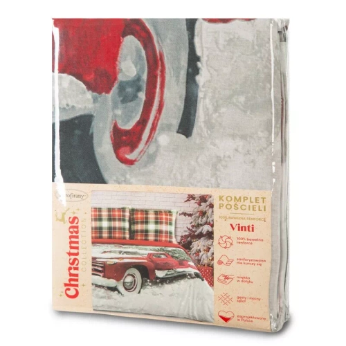 Vinti Pościel świąteczna Eurofirany – czerwona kratka z motywem samochodu, 100% bawełna