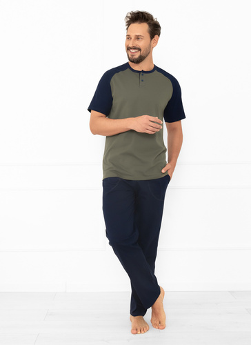 Aleksander Piżama męska Italian Fashion oliwkowa – bawełna, koszulka polo i spodnie