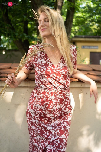 Sukienka do karmienia Two Ways LONG krótki rękaw Milk&Love miętowa w magnolie i ptaki