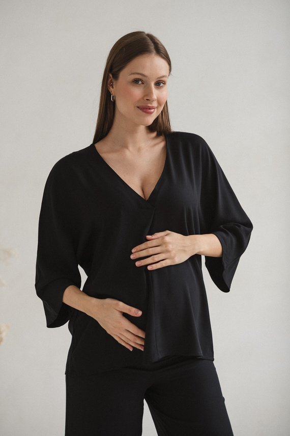 Mamafullness Bluzka ciążowa do karmienia Milk&Love czarna– wiskoza, rękaw 3/4, oversize