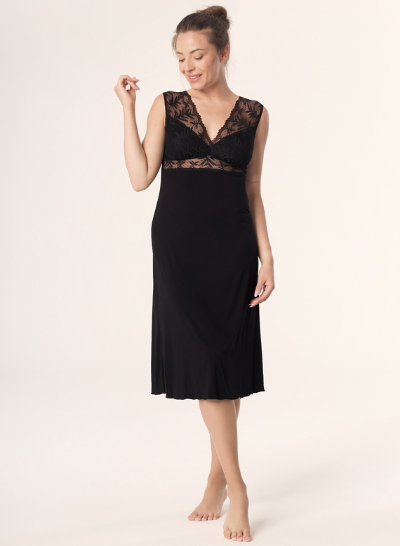 Koszula nocna Petra KM29 Mefemi by Nipplex czarna– wiskoza, koronka, długość do łydki