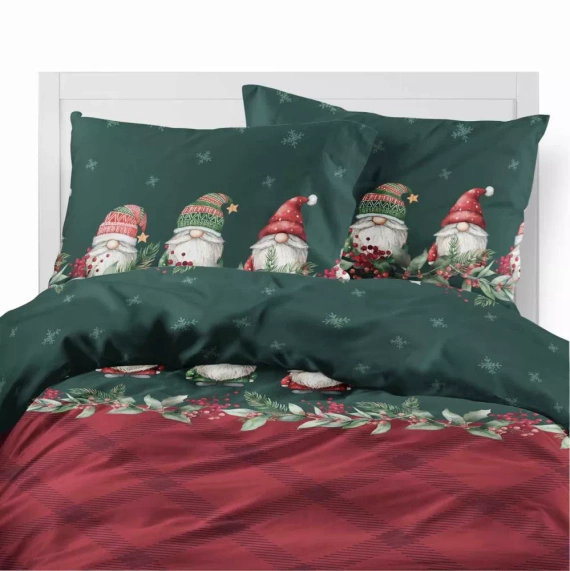 5618 A Magia Świąt Pościel flanelowa świąteczna Detexpol w skrzaty na bordowo-zielonym tle– bawełna 100%, 160 g/m², zamek, OEKO-TEX®