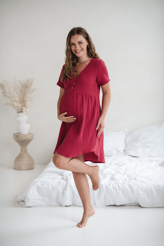 Aurora muślinowa koszula nocna ciążowa i do karmienia Milk&Love malinowy