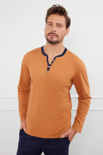 Juliusz Piżama Męska długi rękaw, długie spodnie Italian Fashion - koniak/granatowy