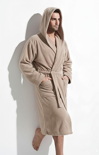 Iwo Szlafrok męski L&L cappucino– miękki z kapturem i kieszeniami