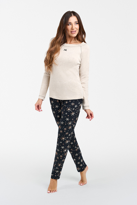 Denali Piżama Damska długi rękaw, długie spodnie Italian Fashion- beżowy melanż/druk