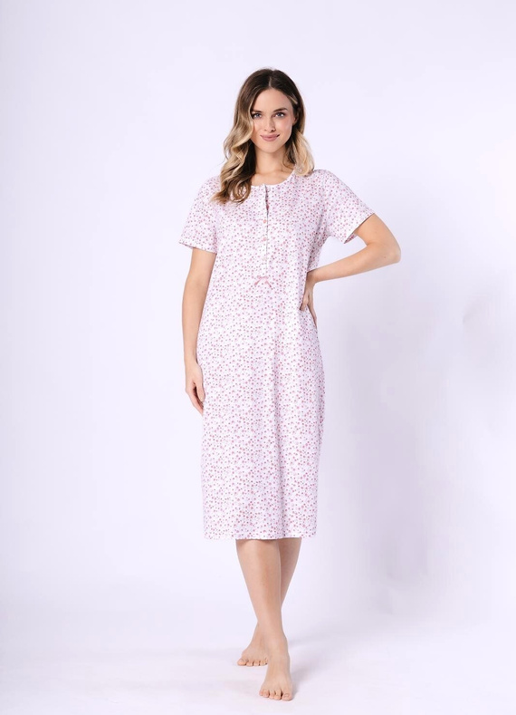 Koszula damska Oriana 1723/1760 Leveza koralowy bawełniana, krótki rękaw, guziki, midi