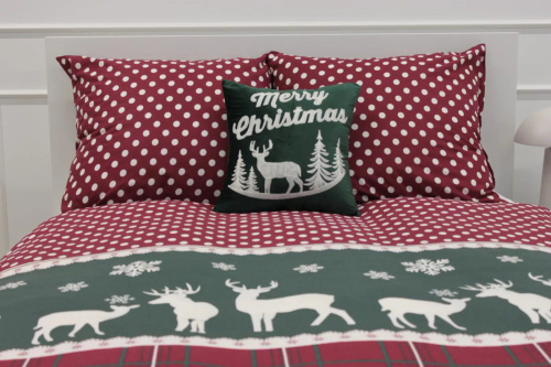 Xmass Pościel świąteczna bawełniana Spod Igły i Nitki – renifery kratka groszki czerwona zielona, komplet z zamkiem, 100% bawełna