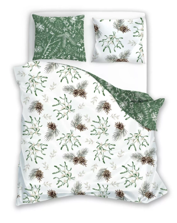Scandic 083 Pościel świąteczna Scandic Faro biała i zielona z szyszkami- dwustronna bawełna 100%, zamek