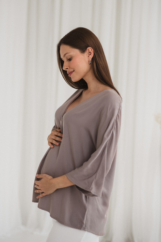Mamafullness  Bluzka ciążowa do karmienia Milk&Love beżowa– wiskoza, rękaw 3/4, oversize