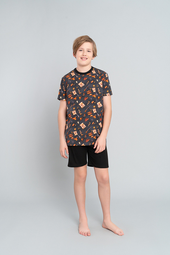 Piżama chłopięca krótki rękaw, spodnie Italian Fashion Western - grafit/czarny