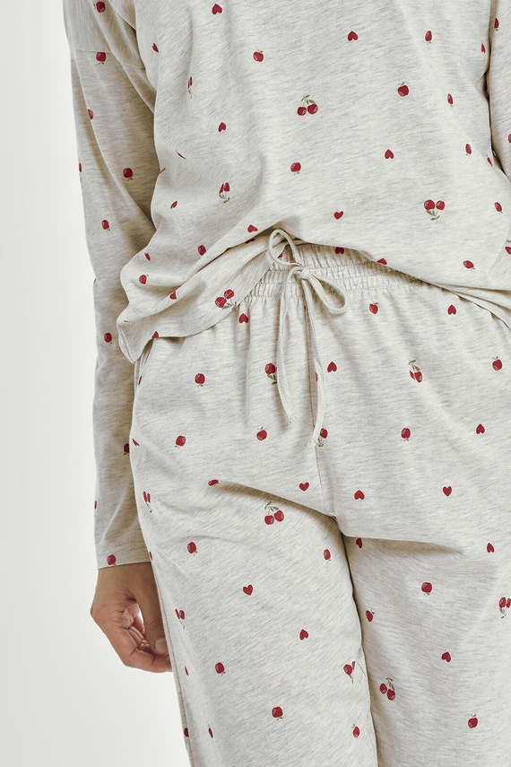 Adele 3430 Piżama damska Taro szara długi rękaw bawełna motyw wiśni