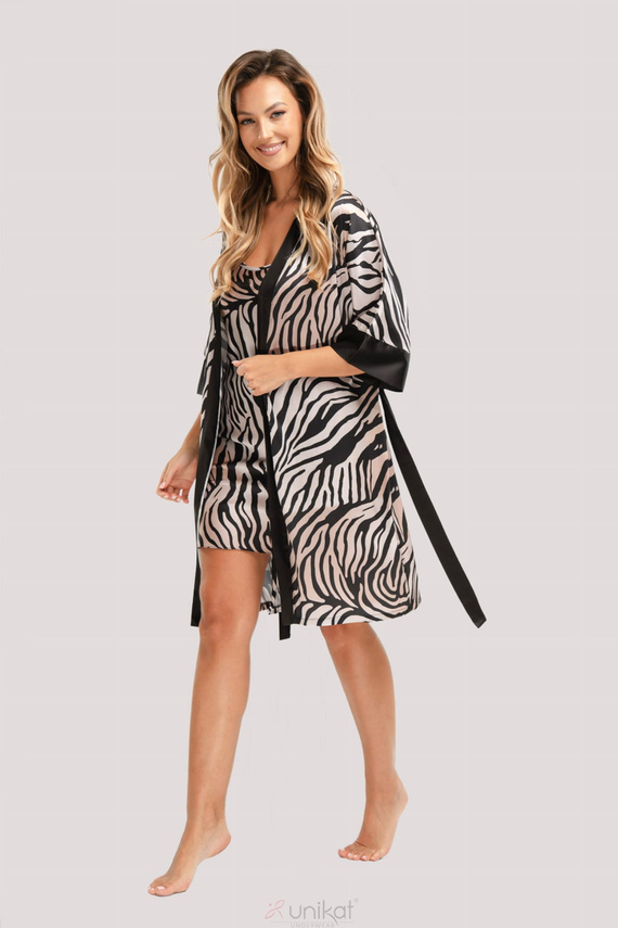 Braga Szlafrok satynowy Unikat – zebra, elegancki, z paskiem