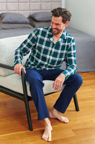 Doctor Nap 7367 – Męska piżama bawełniana z koszulą w kratę | 100% bawełna, polska produkcja - emerald