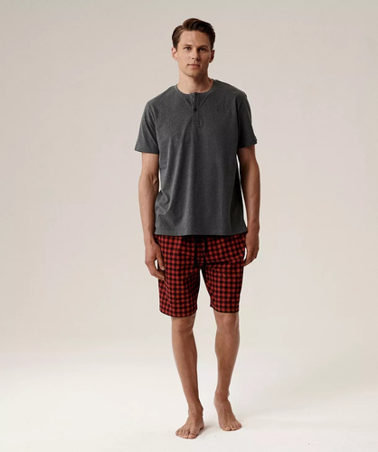Piżama męska NMP-397 -szary czerwony bawełna, krótki rękaw, lekka i wygodna na lato
