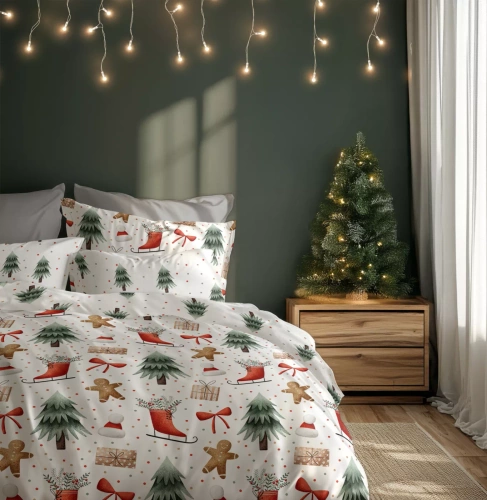 Scandic 078 Pościel świąteczna Scandic Faro biała z choinkami, pierniczkami– dwustronna bawełna 100%, zamek