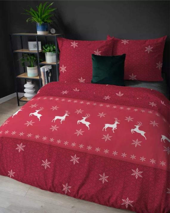 5621 A Magia Świąt Pościel flanelowa świąteczna Detexpol czerwona w renifery i śnieżynki– bawełna 100%, 160 g/m², zamek, OEKO-TEX®