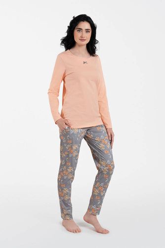 Kasali Piżama Damska długi rękaw i spodnie Italian Fashion - łosoś/druk 