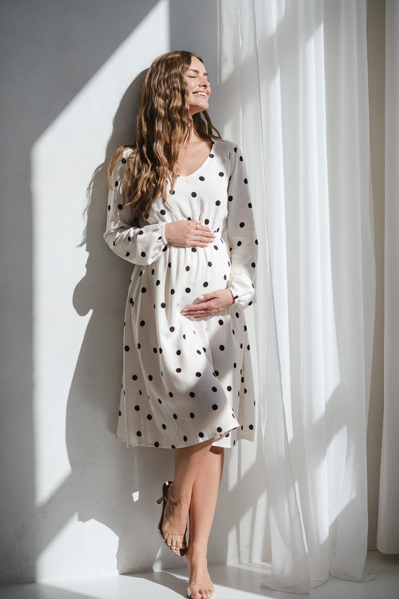 Lovely Dress Midi Milk&Love kremowa w grochy– sukienka ciążowa i do karmienia z lnem, elegancki krój z zamkami do karmienia
