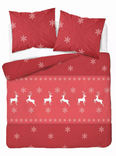 5621 A Magia Świąt Pościel flanelowa świąteczna Detexpol czerwona w renifery i śnieżynki– bawełna 100%, 160 g/m², zamek, OEKO-TEX®