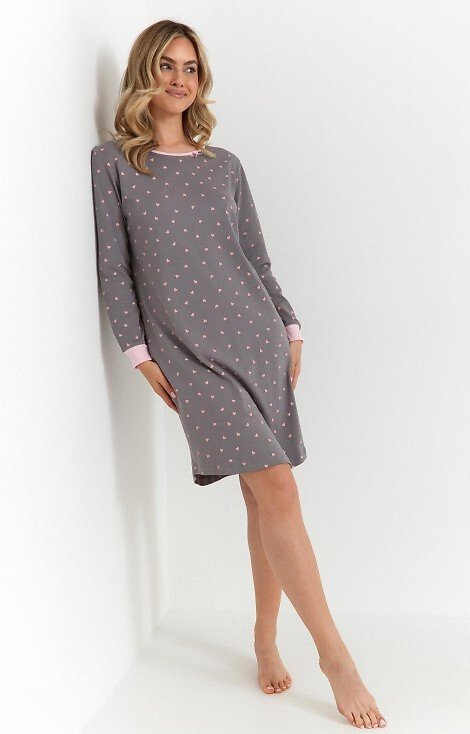 493 Koszula nocna damska Cana grafitowa – bawełna interlock, serduszka, długi rękaw