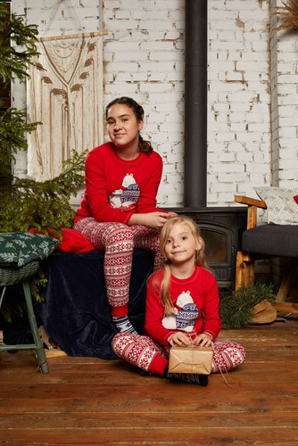 Piżama dziewczęca długi rękaw, spodnie Italian Fashion Arktyka -  czerwony/druk