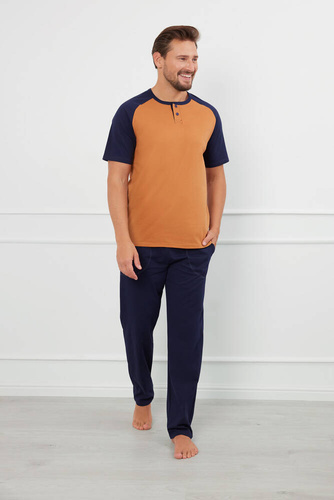 Aleksander Piżama Męska krótki rękaw, długie spodnie Italian Fashion - koniak/granat