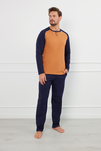 Aleksander Piżama Męska długi rękaw, długie spodnie Italian Fashion - koniak/granat