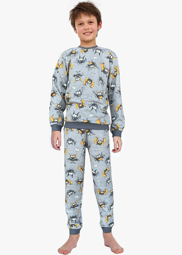 Piżama chłopięca Cornette Bat 2 264/182, 263/182  szara– bawełna, długi rękaw, wzór w nietoperze