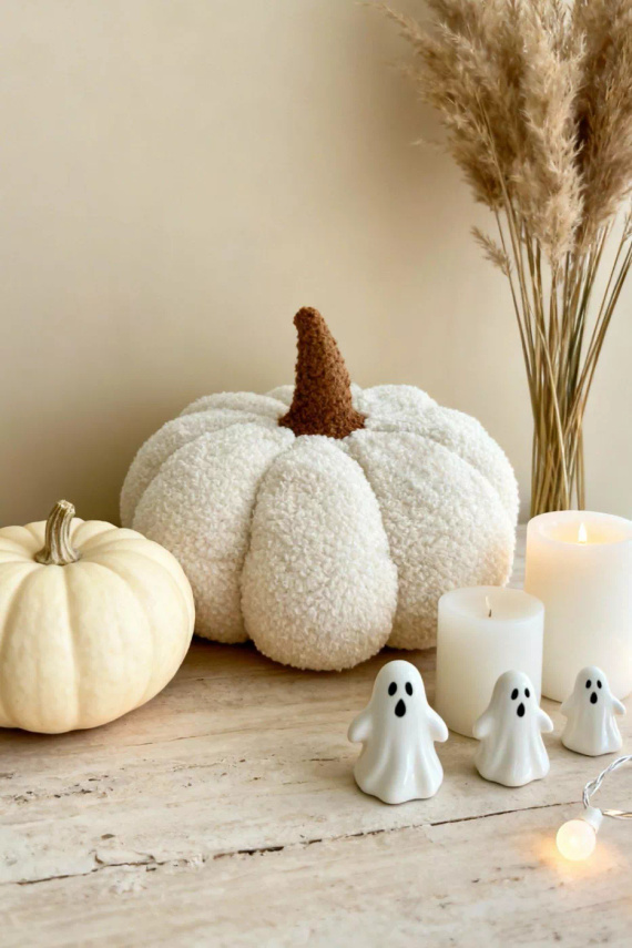 Dynia boucle Poduszka dekoracyjna Spod Igły i Nitki – biała, ozdoba jesienna i na Halloween