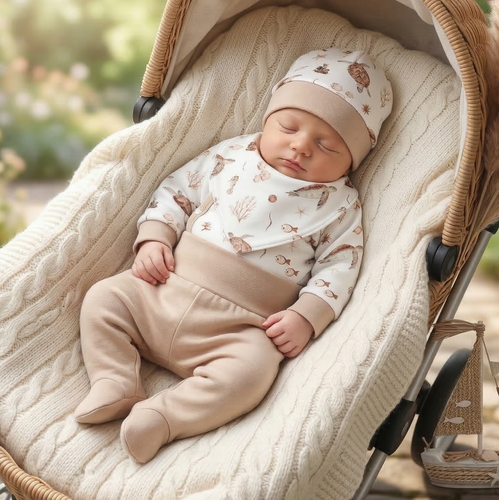 ABK-0015/ŻÓŁ Turtles Komplet niemowlęcy z bawełny organicznej Nini beżowy