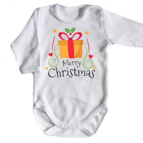 "Merry Christmas z prezentem BOŻE NARODZENIE" Moocha body długi rękaw biały