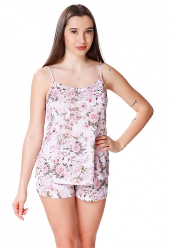 86463 Kamelia Piżama damska na ramiączkach Mewa różowe kwiaty