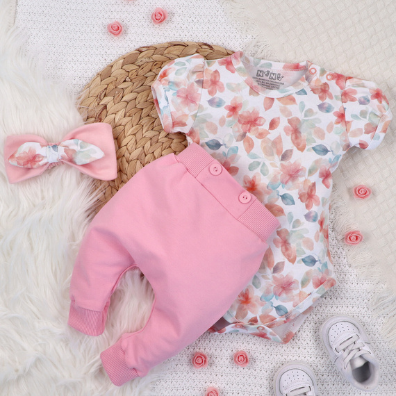 ABN-5426 Kolorowe kwiatki Spodnie dresowe z bawełny organicznej Nini różowy