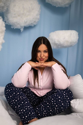 Libra Piżama Damska rozpinana długi rękaw i spodnie Italian Fashion - różowy/druk