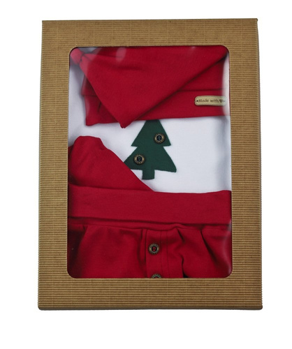 163051 Komplet czapka, body, apaszka i spodnie "Magia Świąt" Nicol - bordo / choinka