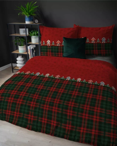 5619 B Magia Świąt Pościel flanelowa świąteczna Detexpol czerwona w domki i kratę– bawełna 100%, 160 g/m², zamek, OEKO-TEX®