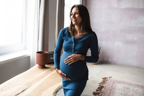 Tummy Sukienka ciążowa i do karmienia z dzianiny w prążek Milk&Love poseidon