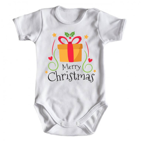 "Merry Christmas z prezentem BOŻE NARODZENIE" Moocha body krótki rękaw biały
