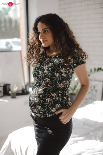 Milk Shirt Bluzka do karmienia i ciążowa z krótkim rękawem Milk&Love w listki na czarnym