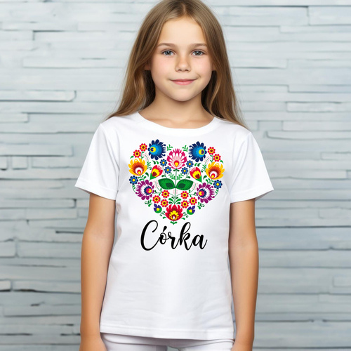 SKU R11k-1 "Córka serce folk" Koszulka dziecięca krótki rękaw Moocha biały