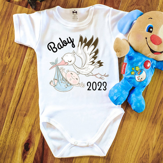 "BABY 2023 born in" Moocha Body krótki rękaw biały 