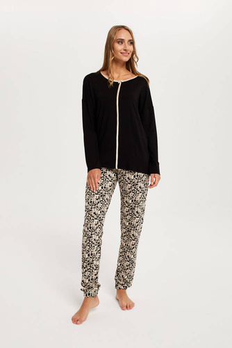 Gujana Piżama Damska długi rękaw, długie spodnie Italian Fashion - czarny/druk