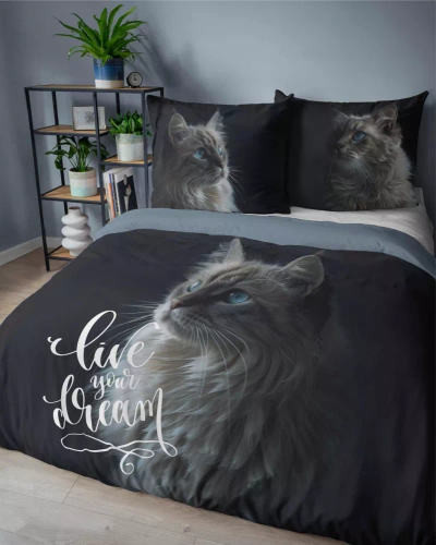 5296 A Holland Pościel bawełniana kot Live your Dream Detexpol czarny