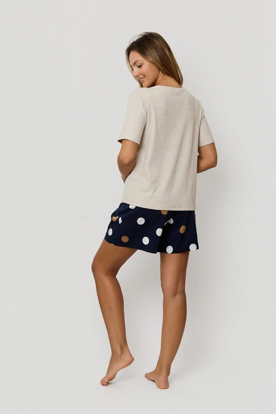 Piżama damska Mefemi by Nipplex Oceane beżowa – prążkowana z wiskozy, koszulka i szorty w grochy