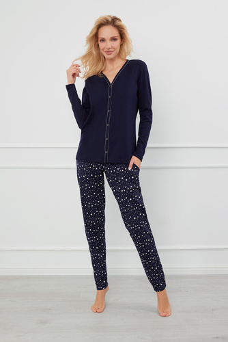 Libra Piżama Damska rozpinana długi rękaw i spodnie Italian Fashion - granatowy/druk