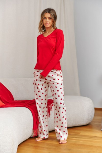 Piżama damska Doctor Nap 7440 Amour, flanelowe spodnie + czerwona bluzka, 100% bawełna