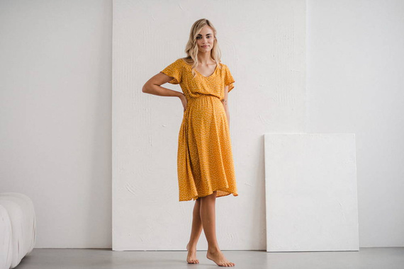 Lovely Dress Midi Milk&Love sukienka ciążowa i do karmienia musztardowy w groszki