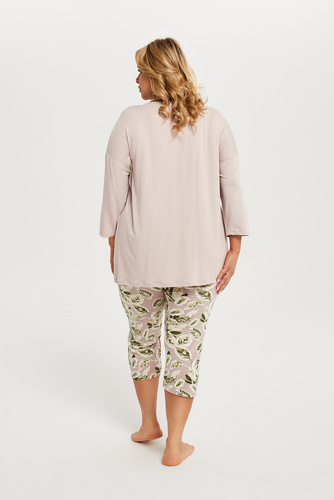 Indonezja Piżama Damska 3/4 rękaw, 3/4 spodnie Italian Fashion - beż/druk